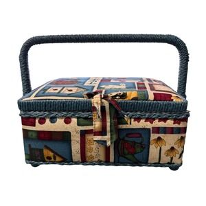 VTG Cloth Padded Sewing Basket Box Sunflower Fall Wicker Handle Satin Interior
